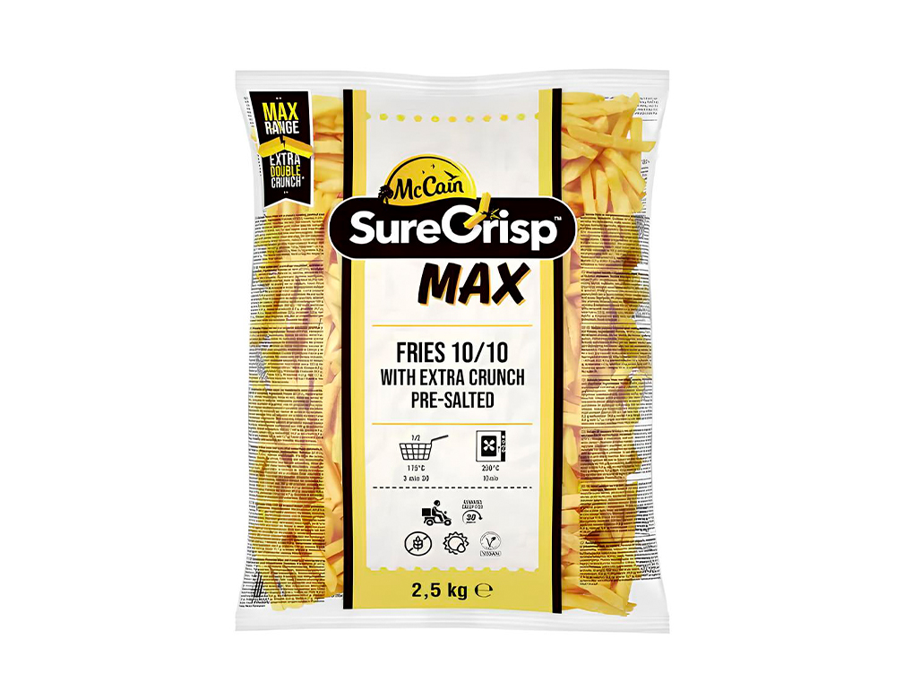 BATATA PALITO CONGELADA PRÉ FRITA 10 MM CORTE TRADICIONAL SURECRISP MAX WITH EXTRA CRUNCH MCCAIN 2,5 KG (CX 4 PCT)